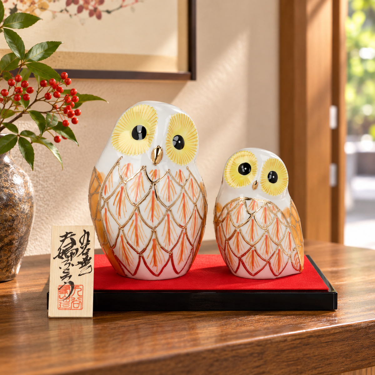 JAPANESE KUTANI PAIR OF OWL FIGURINE GOLD RAISED DECORATION(INCLUDES STAND, MAT, AND NAMEPLATE)