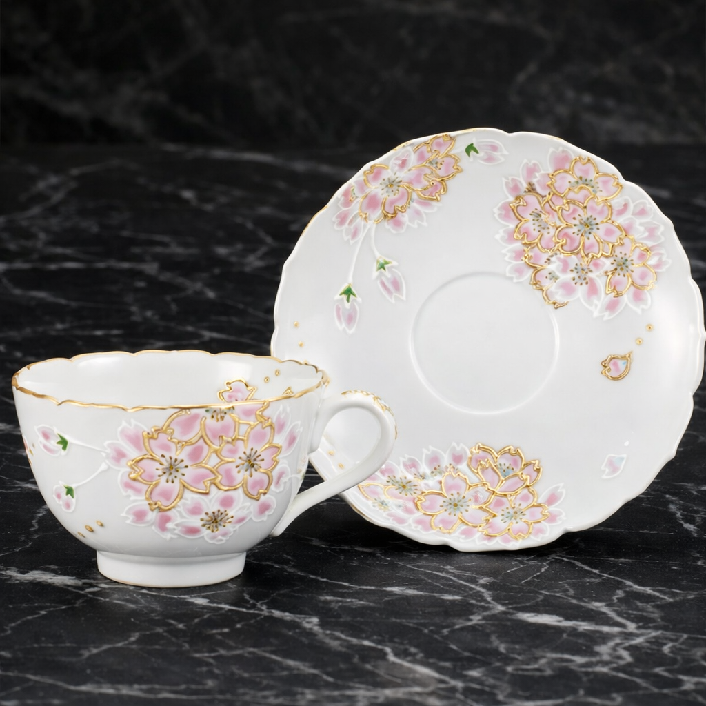 JAPANESE KUTANI WARE CUP & SAUCER – SAKURA CHERRY BLOSSOM DESIGN BY SHIHO AIKAWA