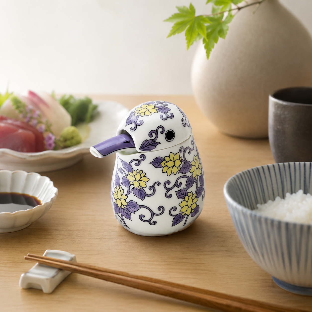 ARITA WARE NISHIKI PURPLE ARABESQUE KINGFISHER-SHAPED SOY SAUCE DISPENSER / KOURAKU KILN