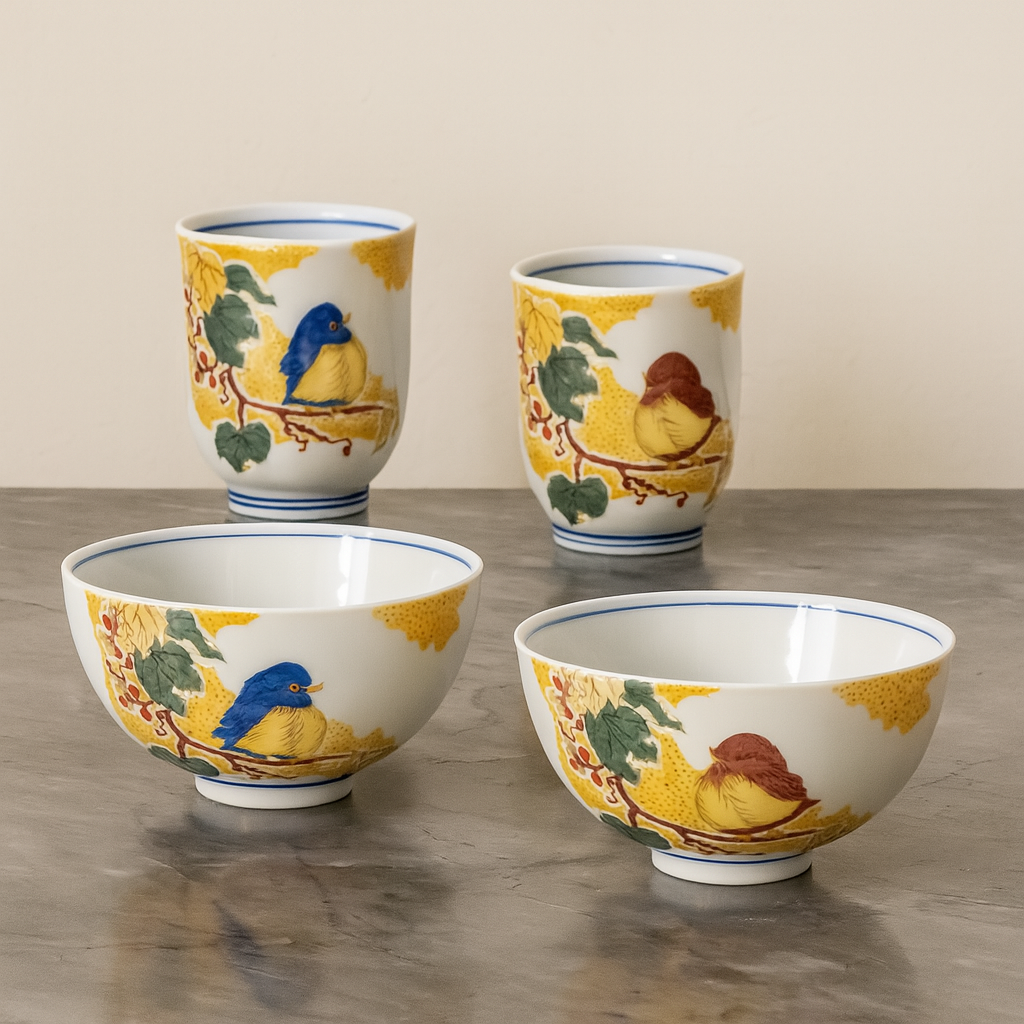 KUTANI WARE PAIR RICE BOWL SET YOSHIDAYA-STYLE SPARROWS