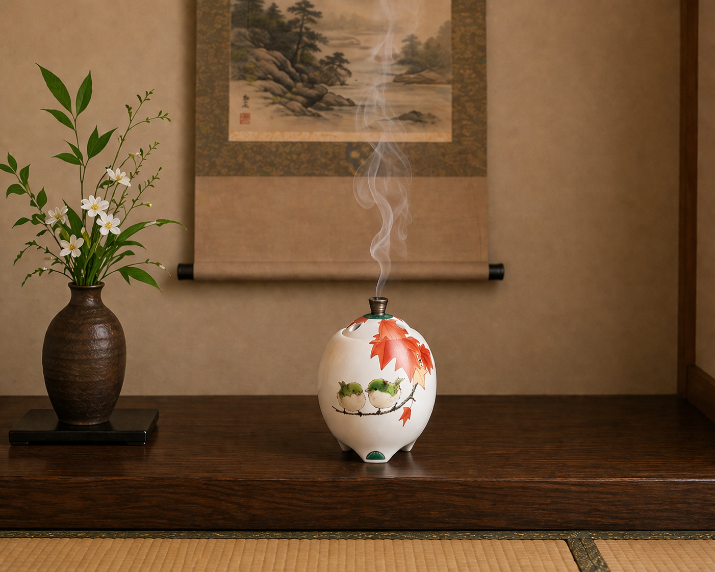 KUTANI WARE INCENSE BURNER “BIRD AND AUTUMN MAPLE” BY TOSHITO NAKAMURA (WOODEN BOX INCLUDED)