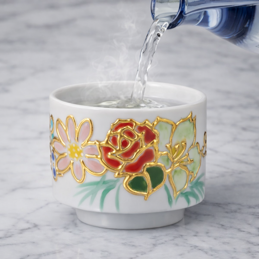 JAPANESE KUTANI WARE GUINOMI SAKE CUP – “HANAMATOI” FLORAL DESIGN BY SHIHO AIKAWA