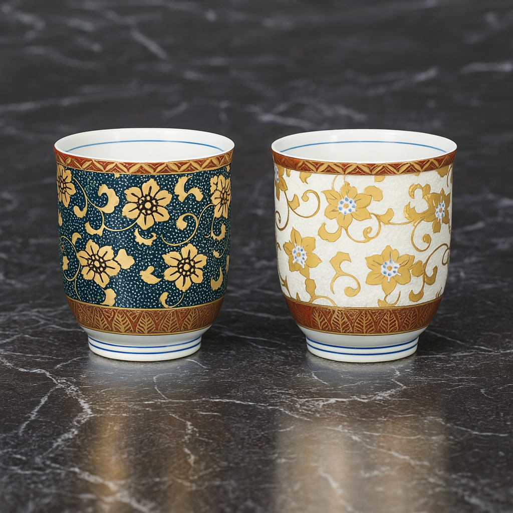 KUTANI WARE YUNOMI SET TEACUP CLEMATIS ARABESQUE