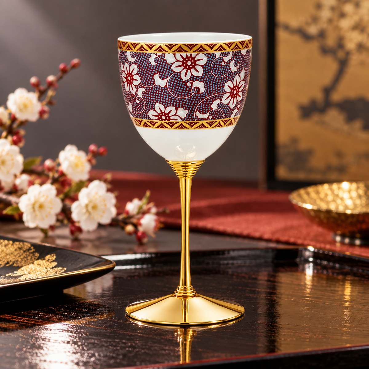 JAPANESE KUTANI PORCELAIN WINE GLASS – CLEMATIS DESIGN
