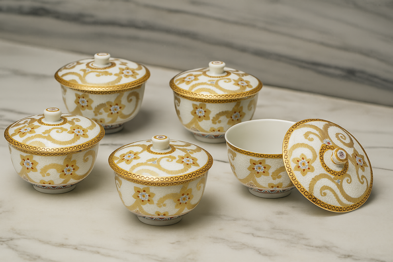 JAPAN KUTANI FUTA-TSUKI KUMIDASHIWAN SHIROCHIBU GOLD ARABESQUE