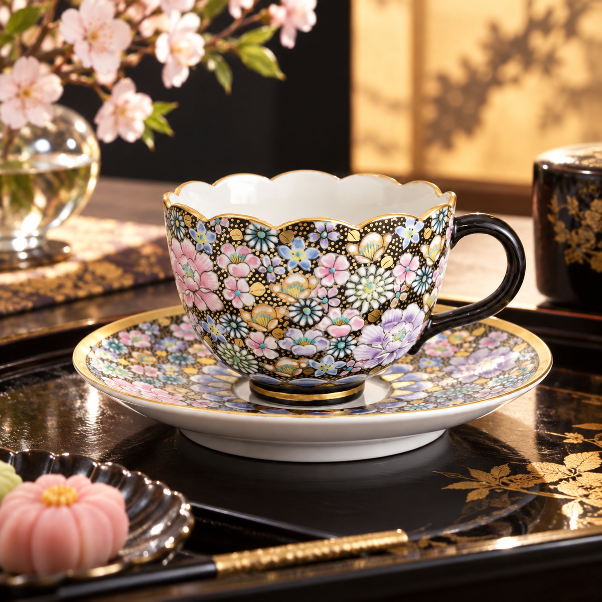 KUTANI WARE CUP & SAUCER HANA-ZUME FLORAL GOLD DECORATION / TAKAFUMI TAKA