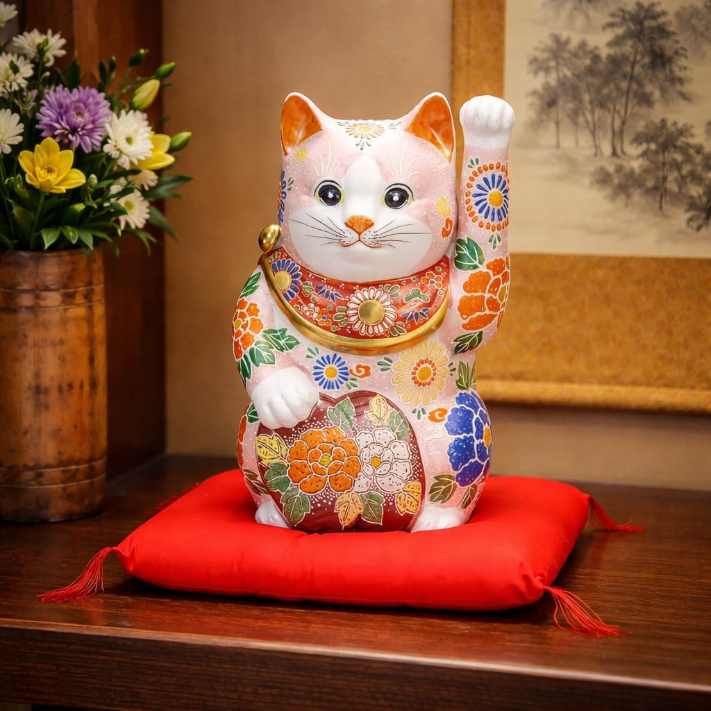 KUTANI JAPANESE LUCKY CAT (MANEKI NEKO) HOLDING A KOBAN COIN WITH PINK DECORATION