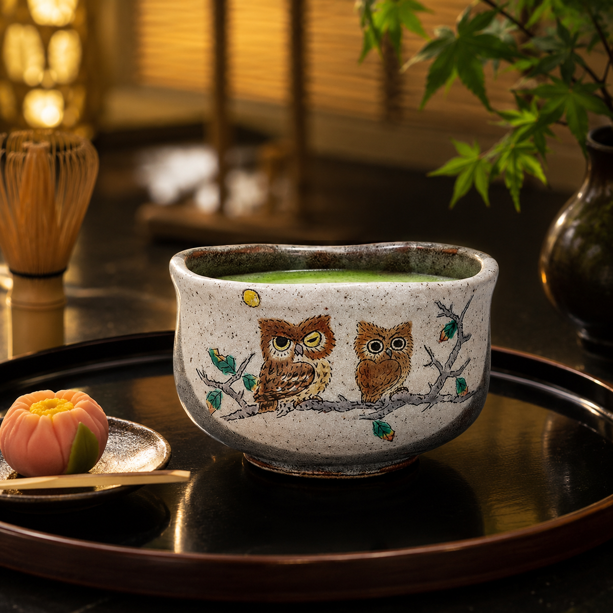 KUTANI WARE MATCHA BOWL – HANDCRAFTED JAPANESE TEA CEREMONY CHAWAN ‘OWL