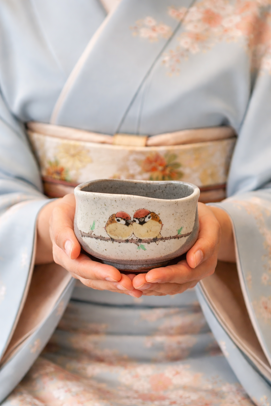 KUTANI WARE MATCHA BOWL “TWO SPARROWS” HAND-PAINTED BY TOSHITO NAKAMURA