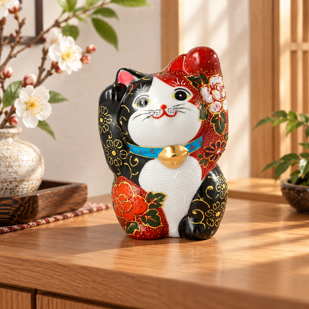 KUTANI WARE BOTH HANDS RAISED MANEKI NEKO RED AND BLACK MORI