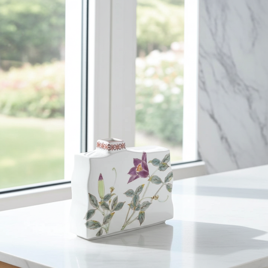 KUTANI WARE SINGLE-STEM VASE – “TESSEN” (CLEMATIS) HAND-PAINTED BY YUKA HIRANO | GIFT BOX INCLUDED