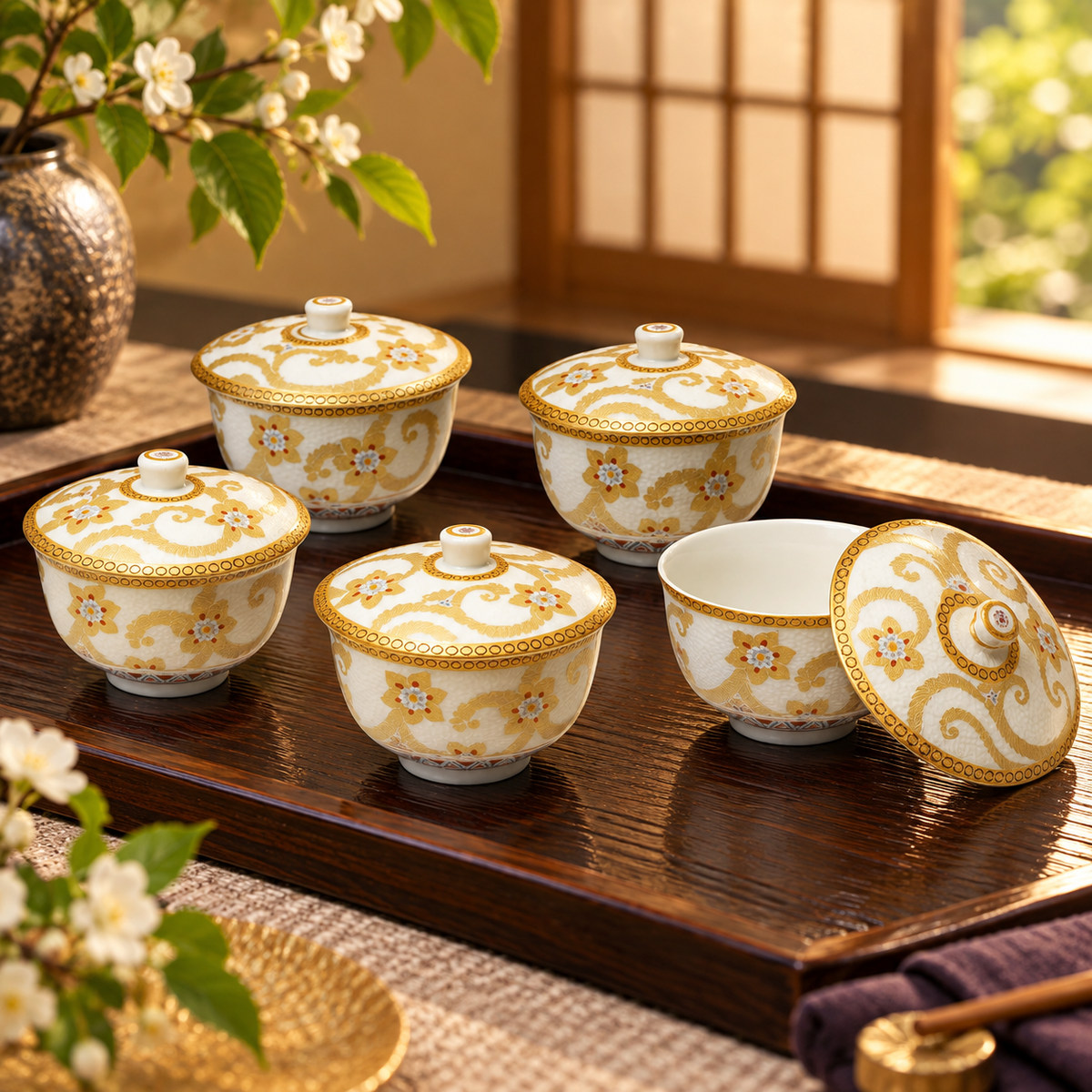 JAPAN KUTANI FUTA-TSUKI KUMIDASHIWAN SHIROCHIBU GOLD ARABESQUE