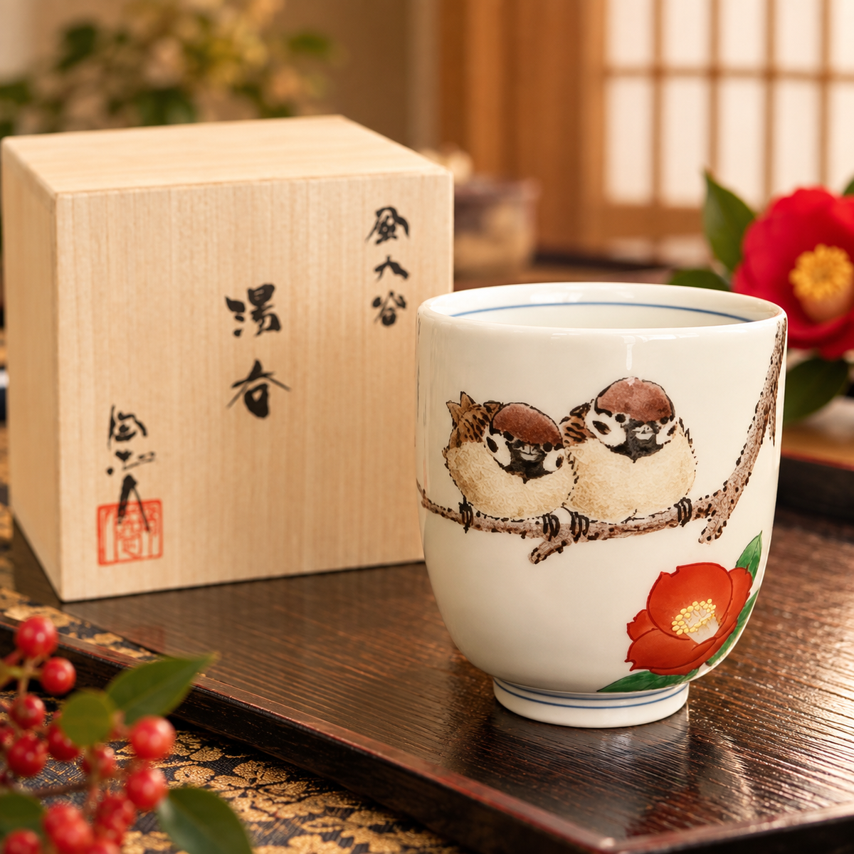 KUTANI WARE YUNOMI TEACUP “CAMELLIA & TWO SPARROWS” / TOSHITO NAKAMURA