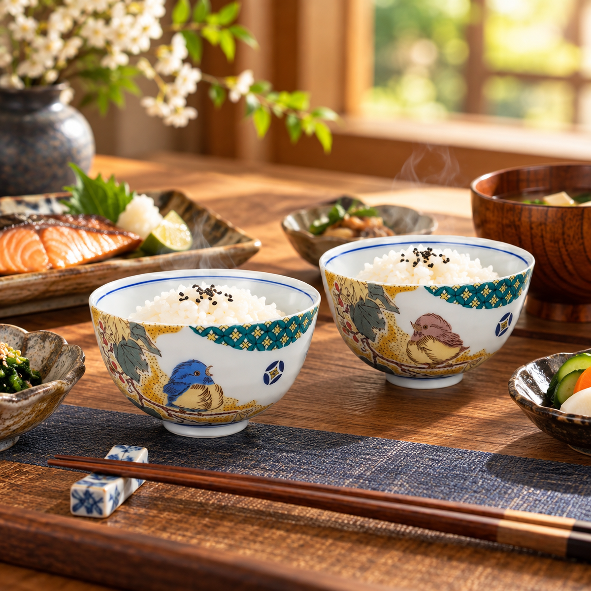 JAPANESE KUTANI RICE BOWL SET - KOMON YOSHIDAYA SPARROW DESIGN