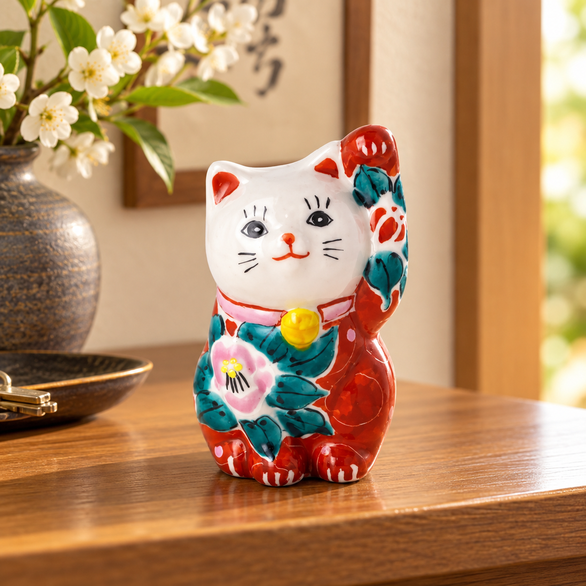 KUTANI WARE LUCKY CAT (MANEKI NEKO) - IROE MUSOU TSUBAKI DESIGN, RED / KOKUZOU KILN
