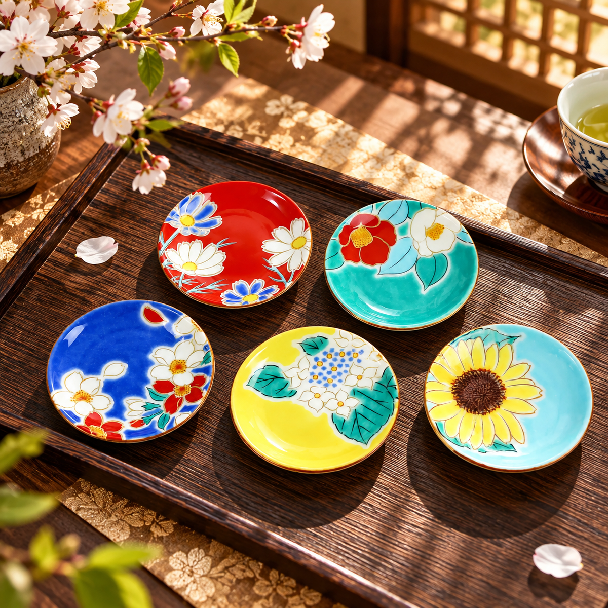 KUTANI WARE CHOPSTICK RESTS HIMEZARA – FOUR SEASONS FLOWERS 5-PIECE SET/SEIKOU KILN