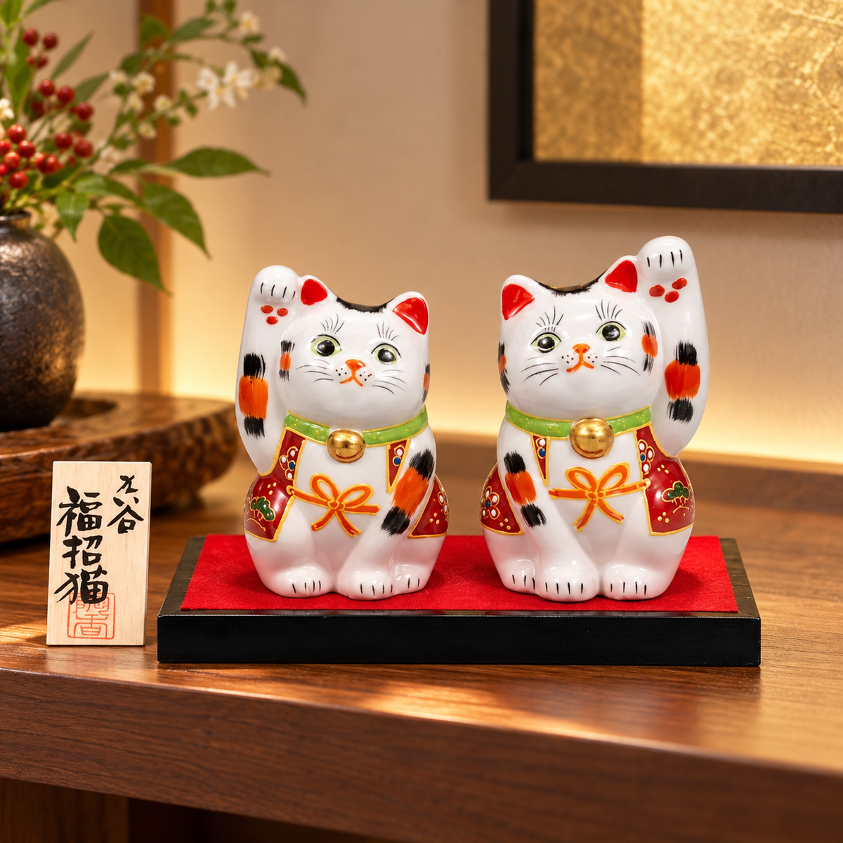KUTANI WARE JAPANESE PAIR OF MANEKI NEKO LUCKY CATS WITH MORI DECORATION (DISPLAY BASE, MAT & NAME PLAQUE INCLUDED)