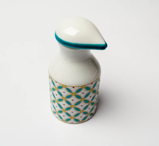 KUTANI WARE PATTERNED SOY SAUCE DISPENSER SHIPPŌ HANABISHI DESIGN SEIKOU KILN, JAPANESE CERAMIC SAUCE CONTAINER