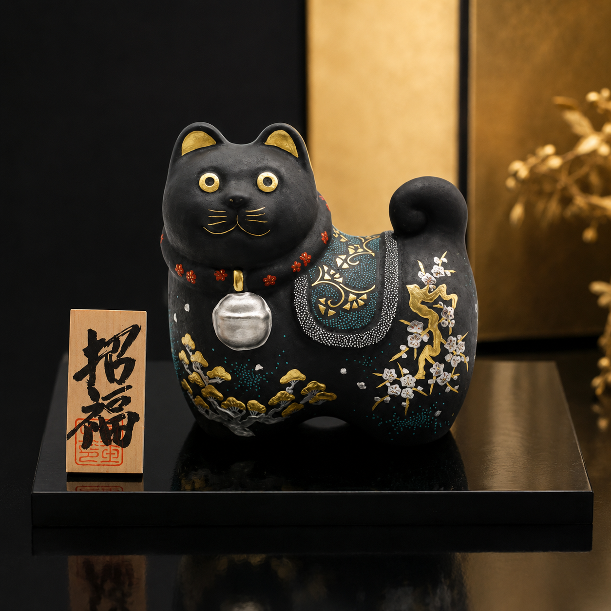 KUTANI WARE HARIKO DOG – PLATINUM MORI WITH PINE, BAMBOO & PLUM, AOCHIUBU DECORATION BY KINGYOKU NAKATA