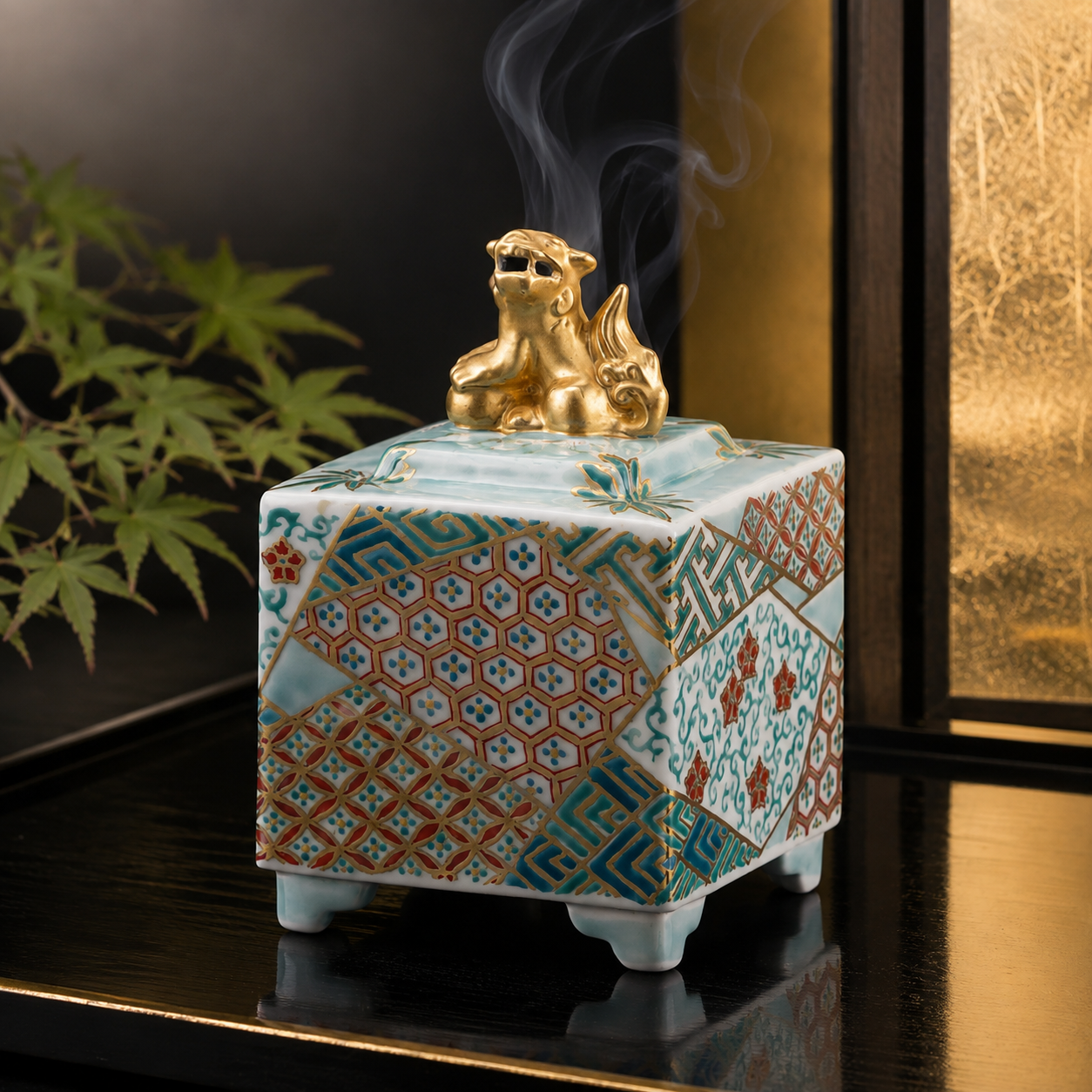 KUTANI WARE INCENSE BURNER – NINSEI-STYLE “WARITORI KARAKUSA KOMON