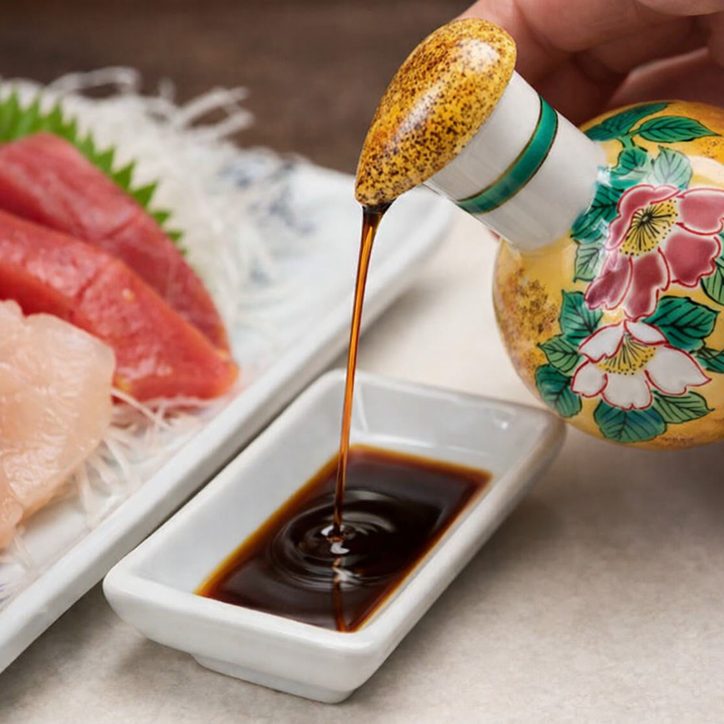 KUTANI WARE SOY SAUCE DISPENSER (SMALL)YOSHIDAYA SASANQUA DESIGN, BIZAN KILN, JAPANESE CERAMIC SAUCE CONTAINER