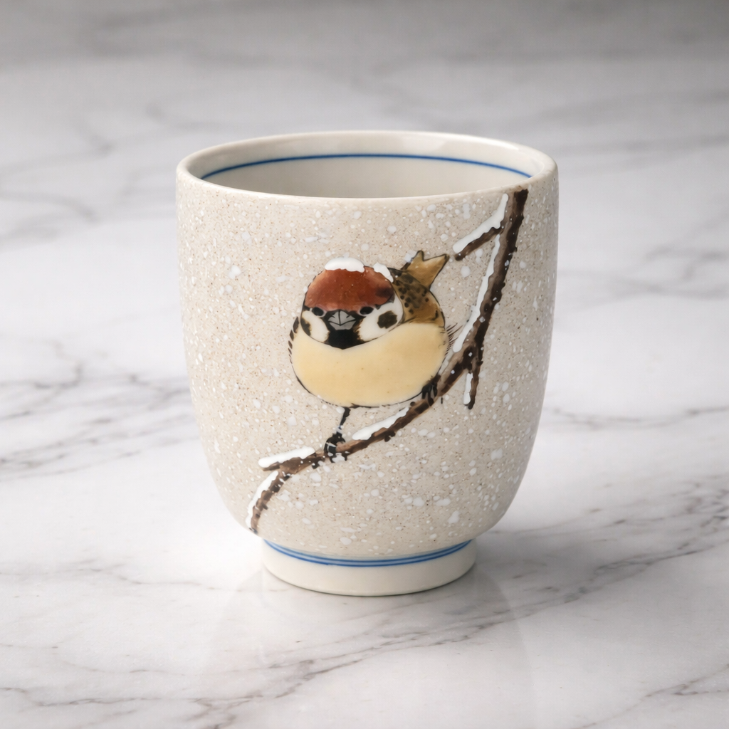 KUTANI WARE YUNOMI “SNOW SPARROW” BY TOSHITO NAKAMURA – JAPANESE PORCELAIN TEACUP
