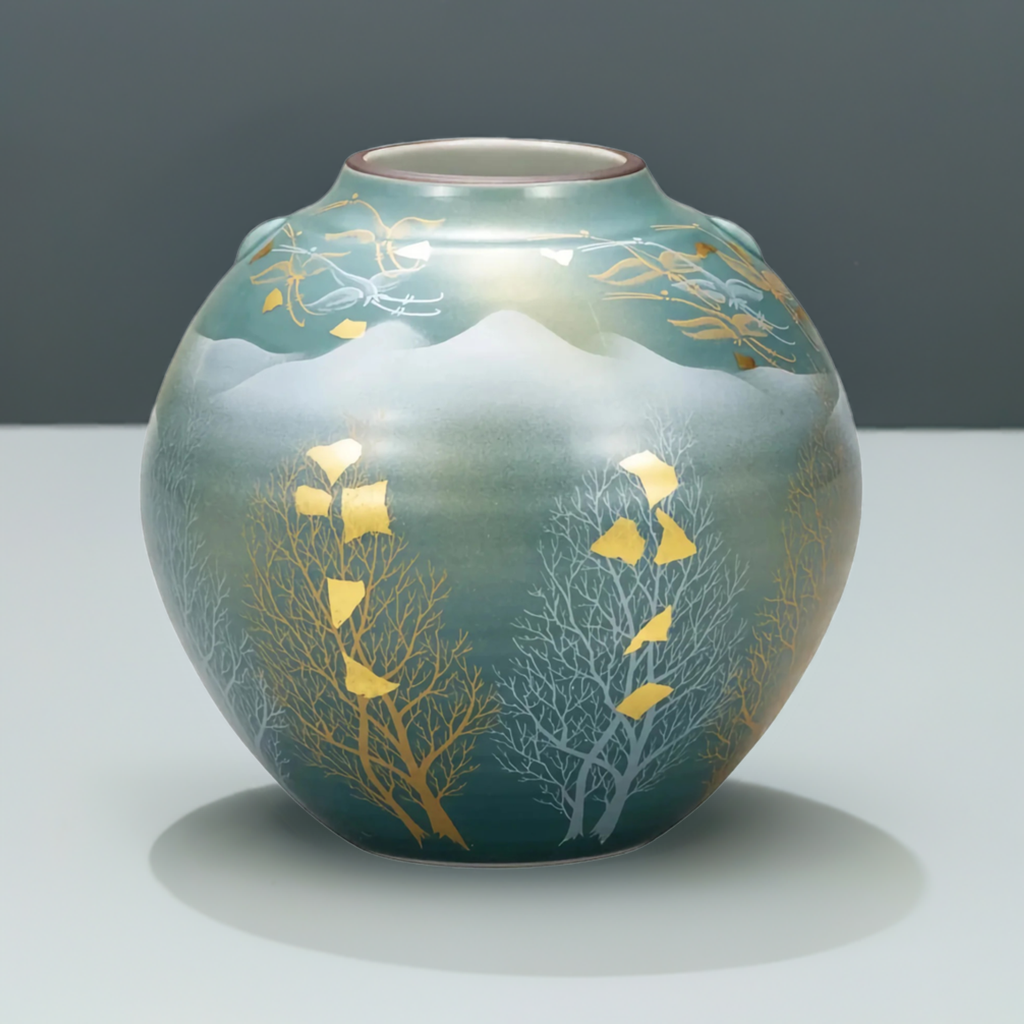 KUTANI JAPANESE FLOWER VASE - GOLDEN TREE DESIGN, JAPANESE CERAMIC ART