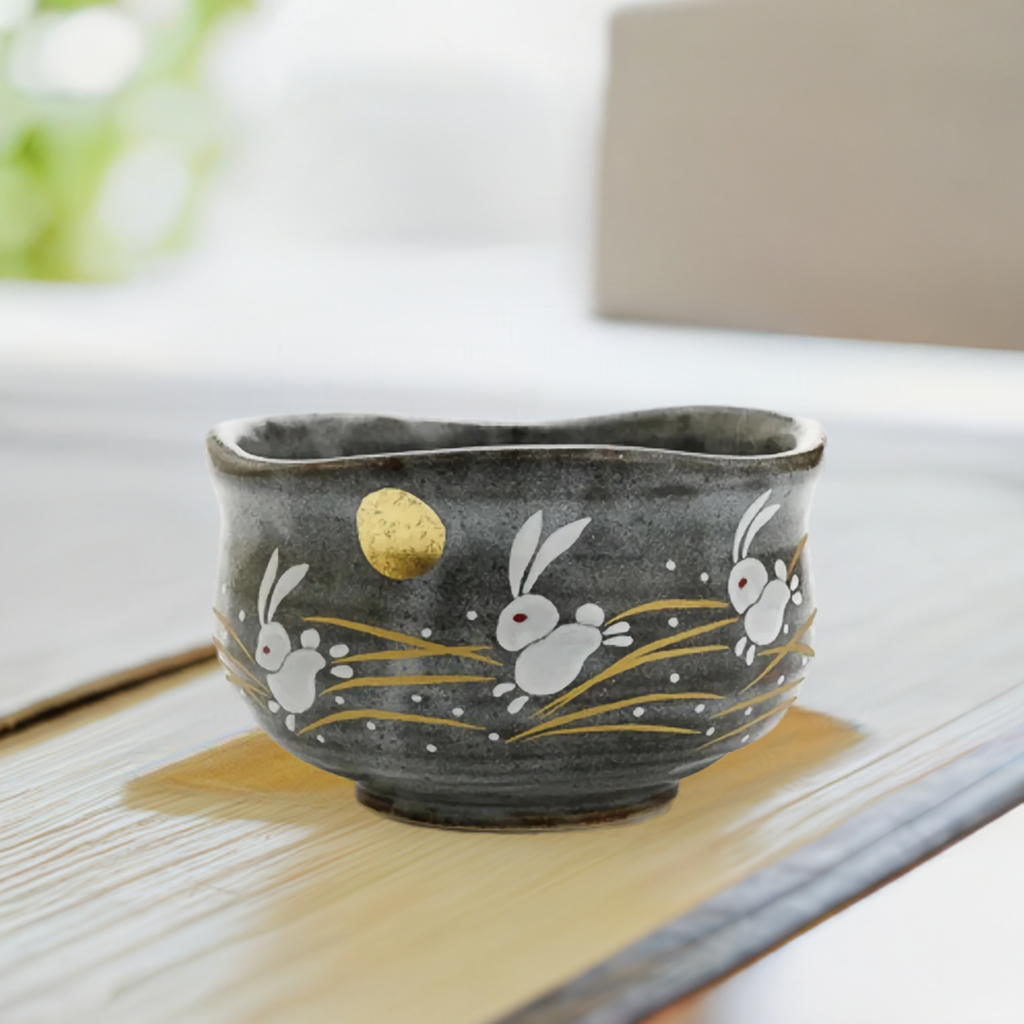KUTANI WARE MATCHA BOWL - GOLDEN MOON AND RABBIT DESIGN, JAPANESE TEA CEREMONY CHAWAN