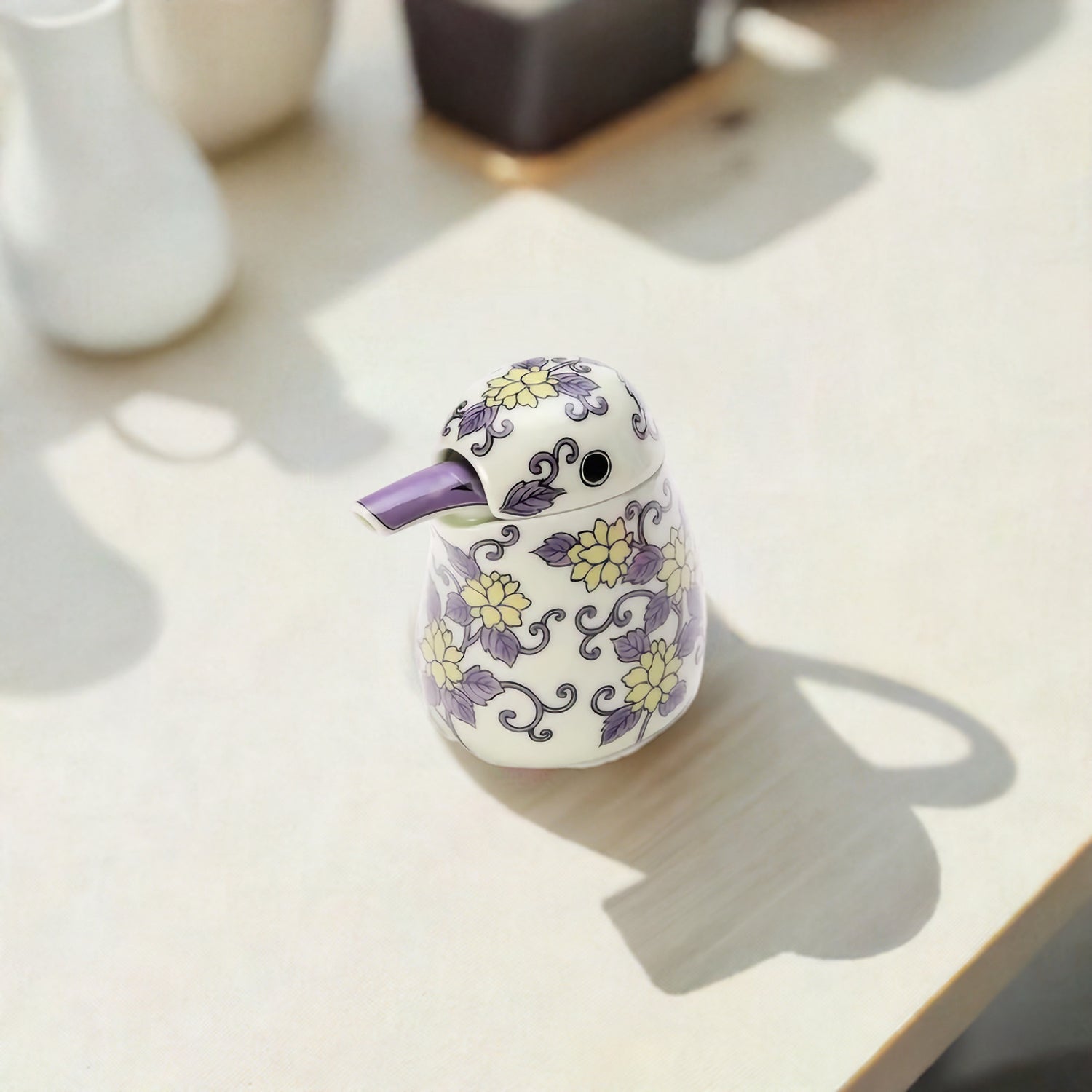 JAPANESE ARITA WARE NISHIKI PURPLE ARABESQUE KINGFISHER-SHAPED SOY SAUCE DISPENSER / KOURAKU KILN