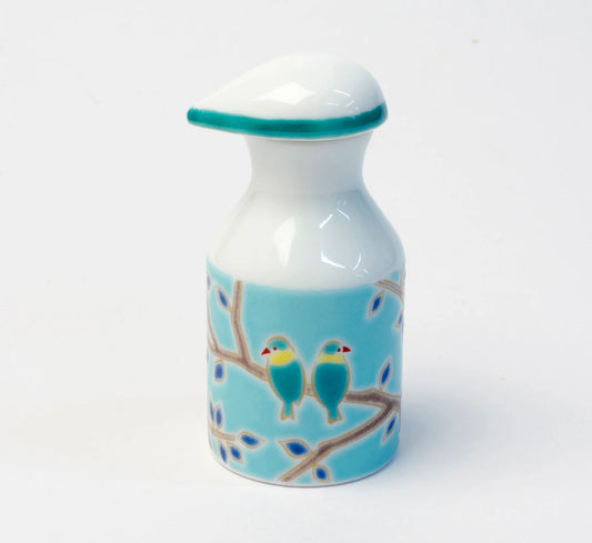 KUTANI WARE PATTERNED SOY SAUCE DISPENSER - SMALL BIRD DESIGN, SEIKOU KILN, JAPANESE CERAMIC SAUCE CONTAINER