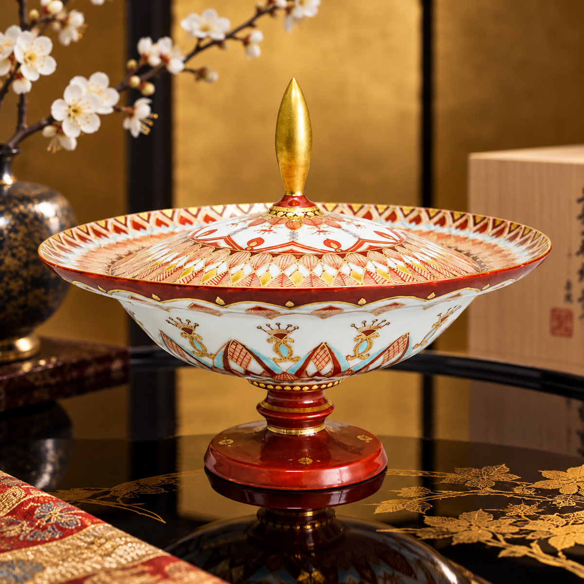 KUTANI PORCELAIN PEDESTAL PLATE – AKA-E KINRAN HANA-KOMON / TAKAFUMI TAKA