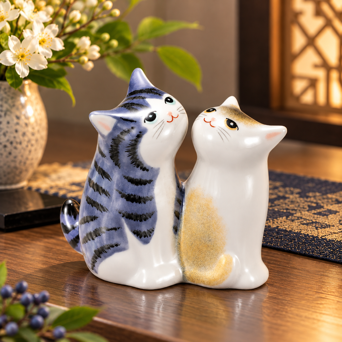KUTANI WARE FRIENDLY CATS PURPLE AND GOLD GLAZE