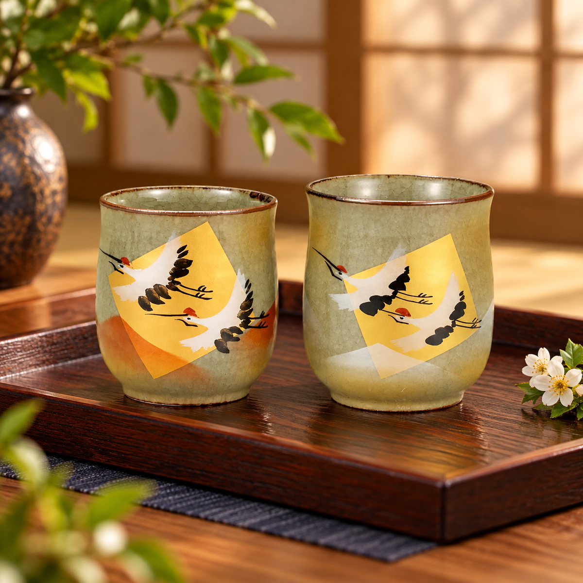 KUTANI JAPANESE YUNOMI SET GOLD LEAF CRANE