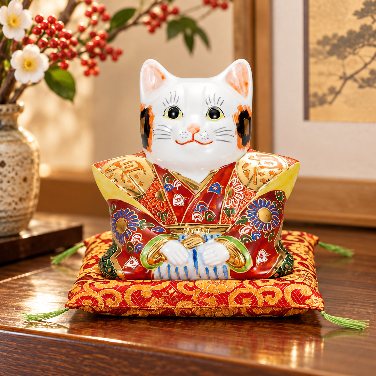 KUTANI WARE FUKUSUKE LUCKY CAT WITH MORI DECORATION & DECORATIVE CUSHION