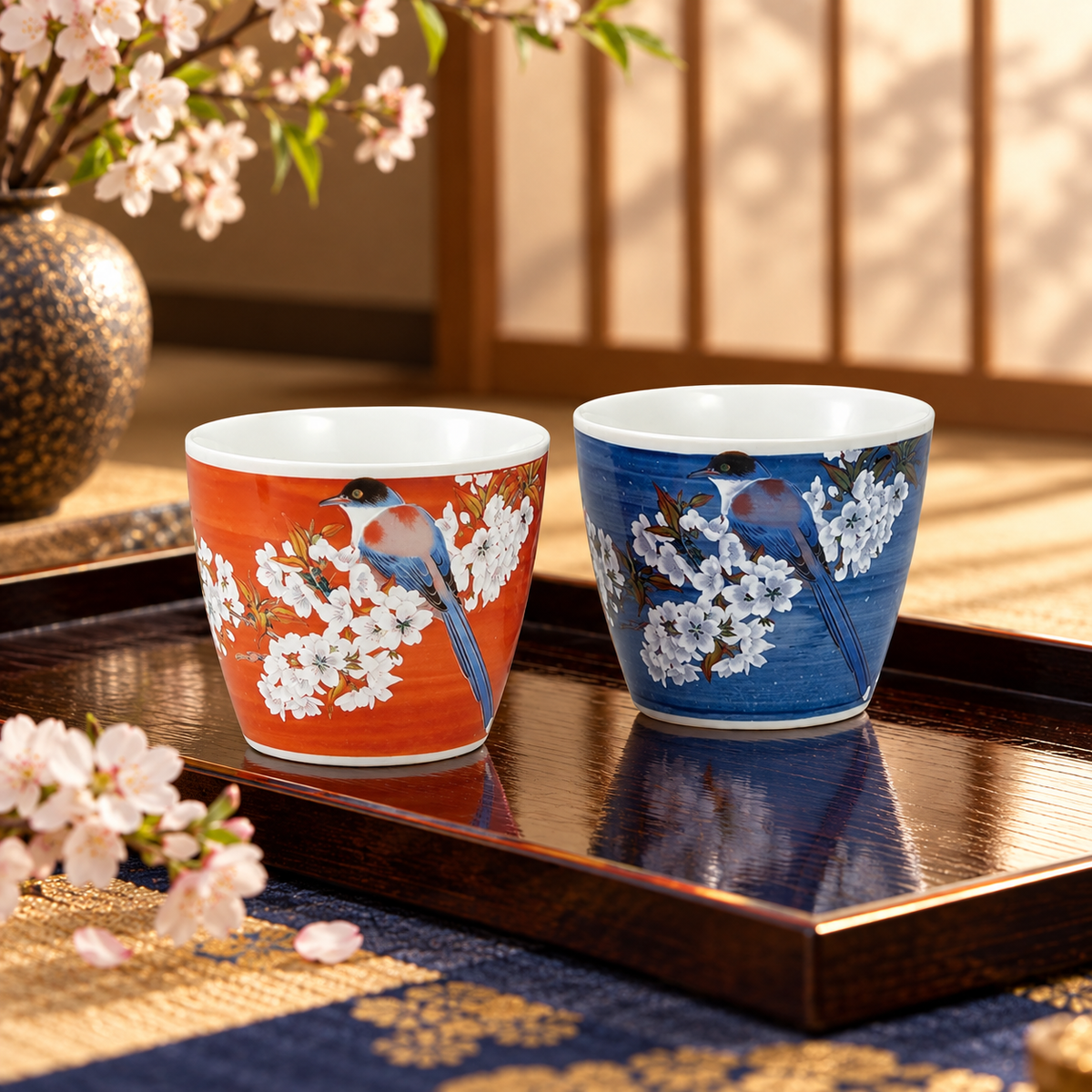 JAPANESE KUTANI WARE SHOCHU CUP SET (PAIR) – BIRD AND WILD CHERRY BLOSSOMS