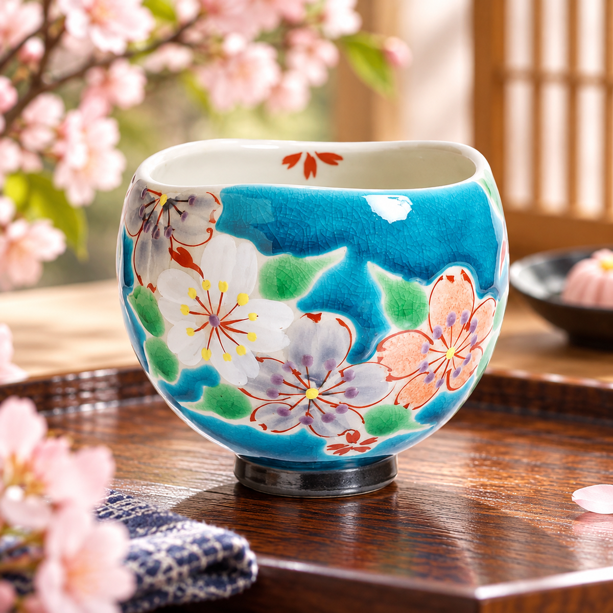 KUTANI WARE IPPUKU BOWL CHERRY BLOSSOM BANQUET - BLUE / KOKUZOU KILN