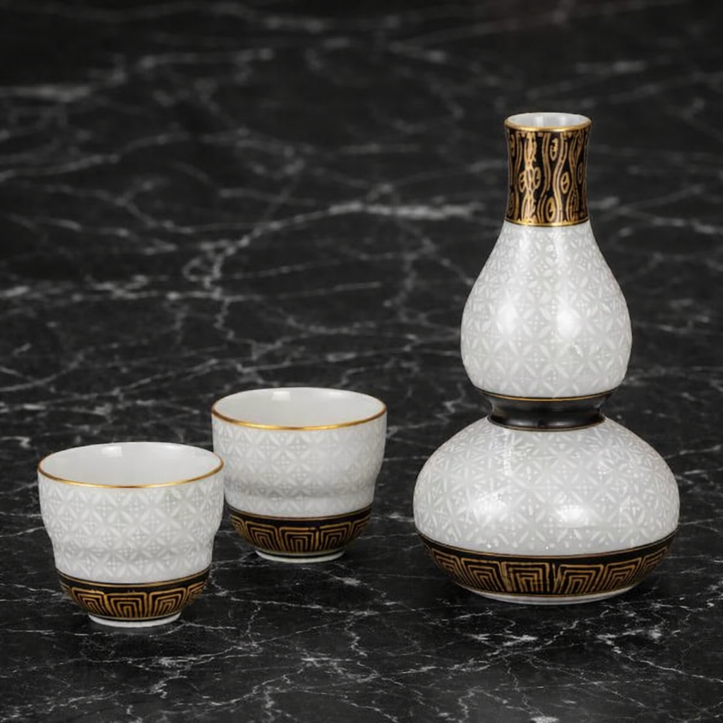 KUTANI JAPANESE SAKE SET WHITE CLOISONNÉ