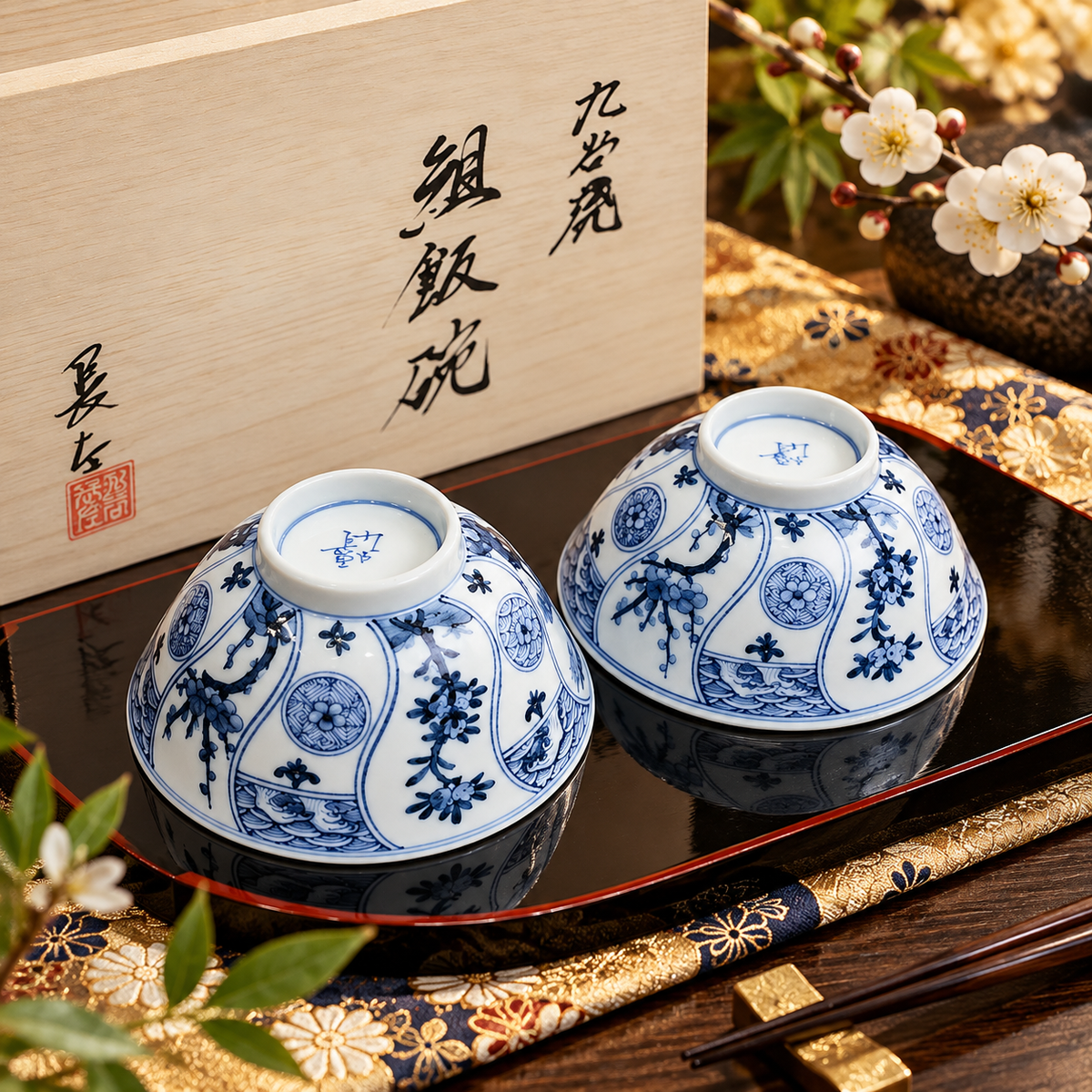 KUTANI WARE (IMPERIAL HOUSEHOLD AGENCY OFFICIAL KILN)SET RICE BOWL SEIKA KICHIJUKA MON / CHOZA YAMAMOTO
