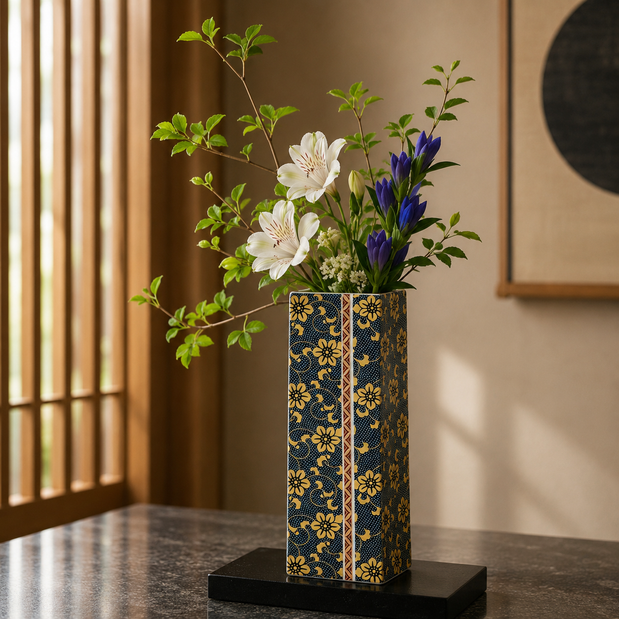 KUTANI WARE VASE – AOCHIBU TESSEN (CLEMATIS) WITH STAND