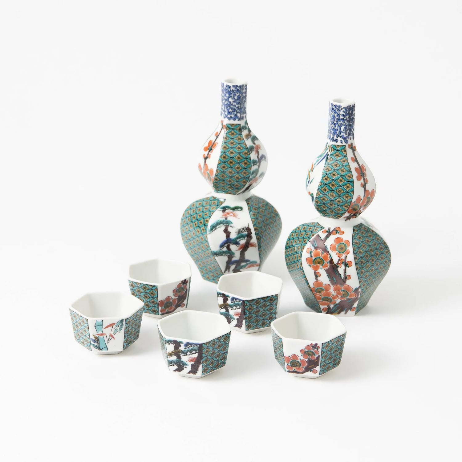 JAPANESE KUTANI SAKE SET KO-KUTANI PINE, BAMBOO & PLUM