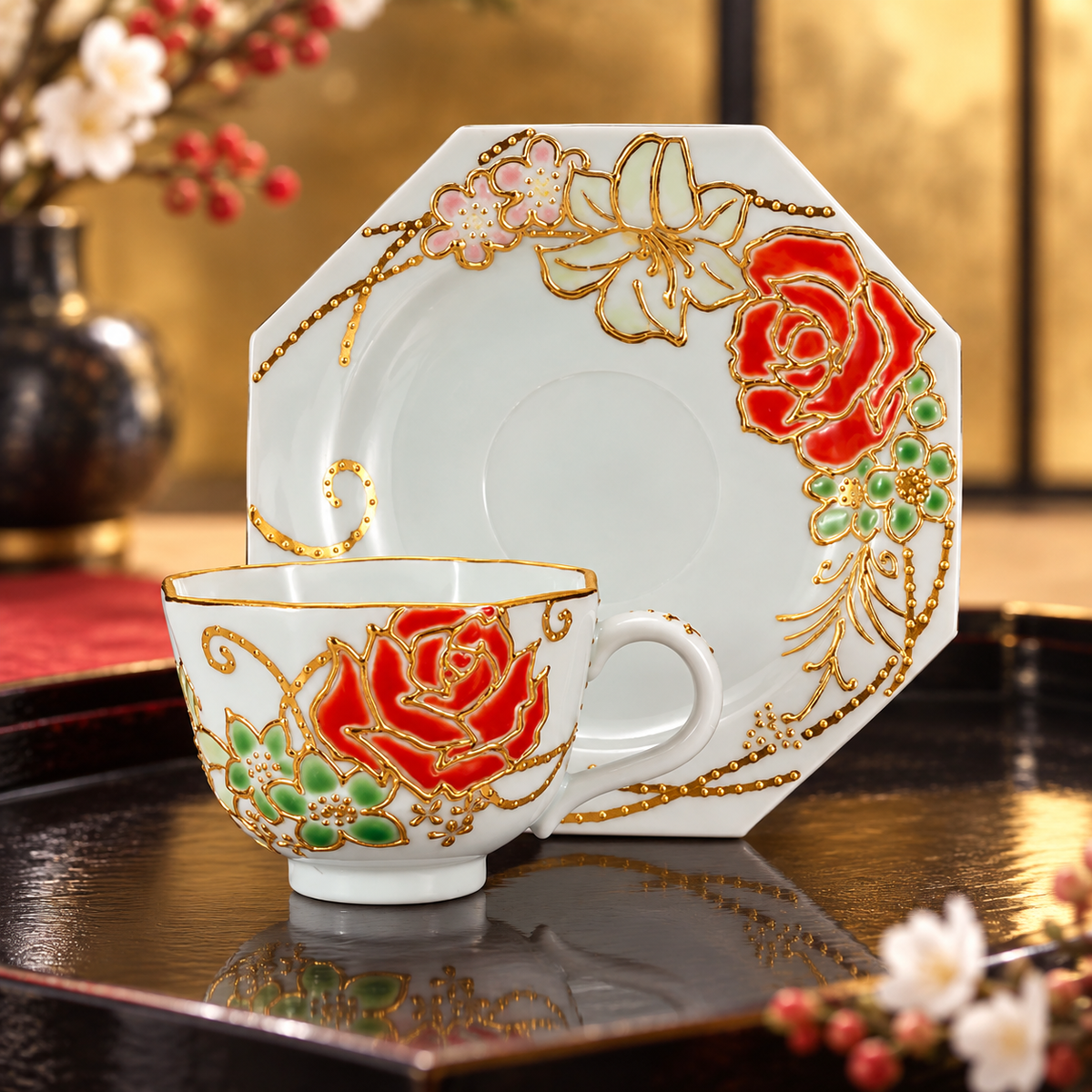 JAPANESE KUTANI WARE CUP & SAUCER ROSE MOTIF / SHIHO AIKAWA