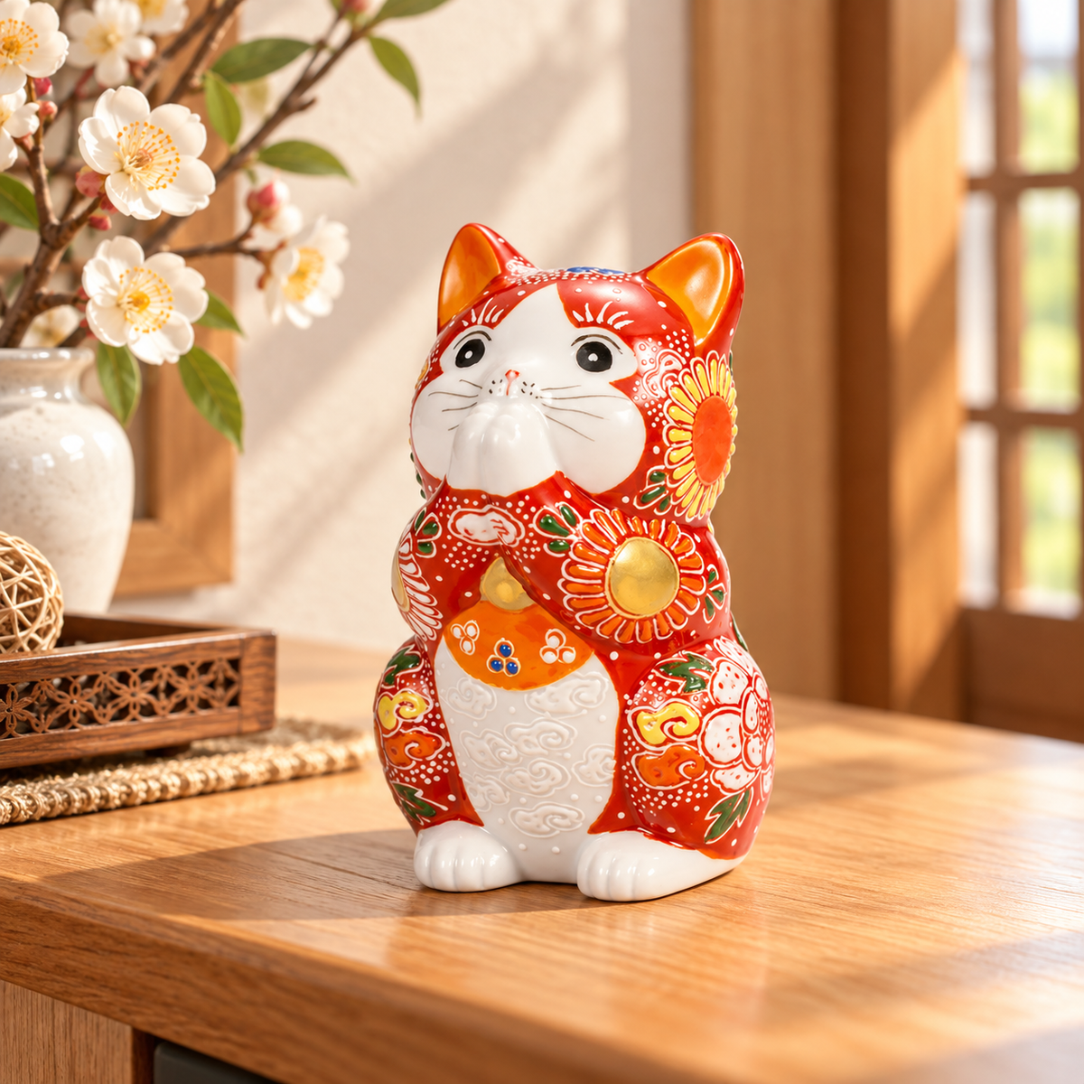 KUTANI WARE LUCKY CAT(MANEKI NEKO) PRAYING CAT RED MORI