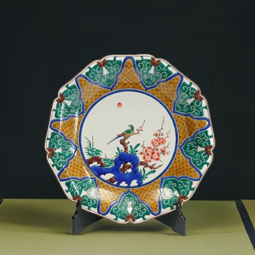 KUTANI WARE DECORATIVE PLATE SHOCHIKUBAI NI BIRD / TAMEKICHI MITSUI