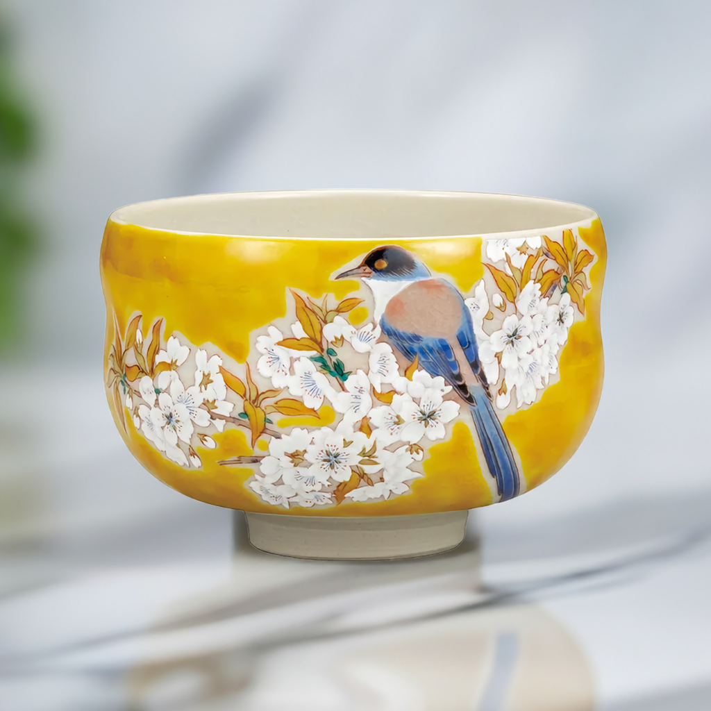 KUTANI JAPANESE MATCHA BOWL-YOSHIDAYA STYLE SAKURA AND BIRD DESIGN