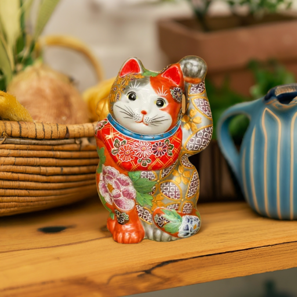 KUTANI WARE LUCKY CAT(MANEKI NEKO)SILVER AND RED FLORAL DESIGN