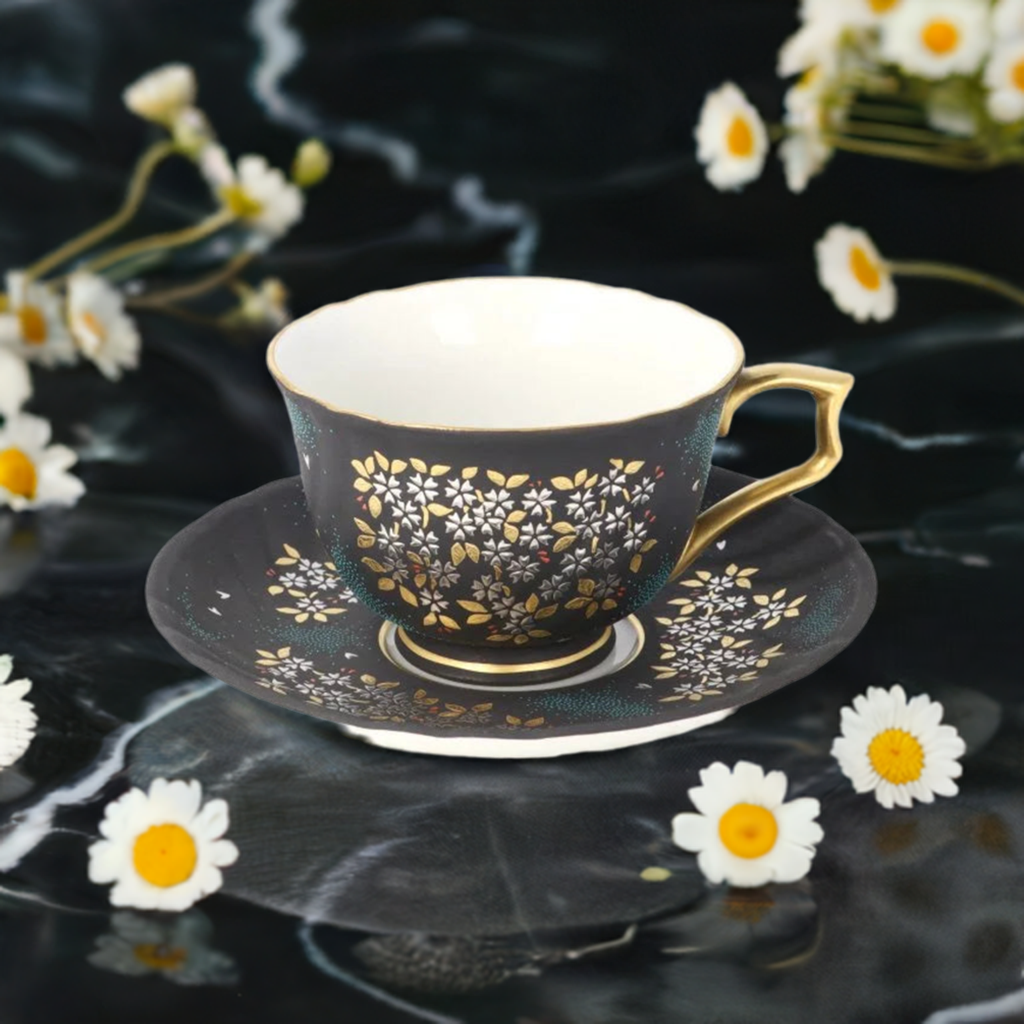 KUTANI WARE COFFEE CUP & SAUCER(SHIROKANEMORI WEEPING CHERRY BLOSSOM AOCHIBU)/KIGYOUKU NAKADA