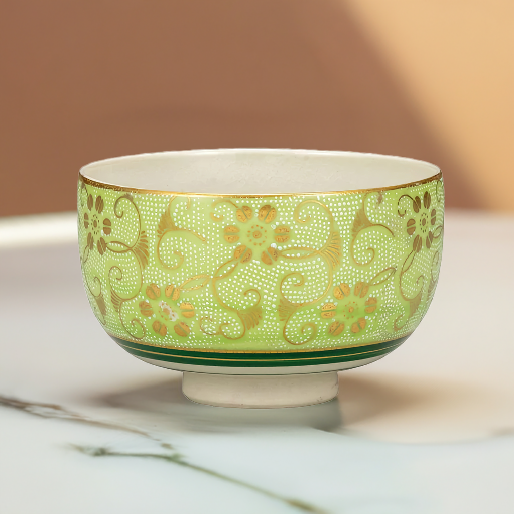 KUTANI WARE MATCHA BOWL (CHAWAN) - SHIROCHIBU TESSEN KIMIDORI, TRADITIONAL JAPANESE CERAMIC ART