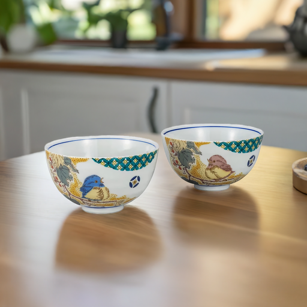 JAPANESE KUTANI RICE BOWL SET - KOMON YOSHIDAYA SPARROW DESIGN