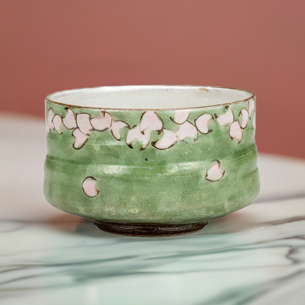 KUTANI WARE MATCHA BOWL CHAWAN- FLOWER SAKURA, TRADITIONAL JAPANESE CERAMIC ART
