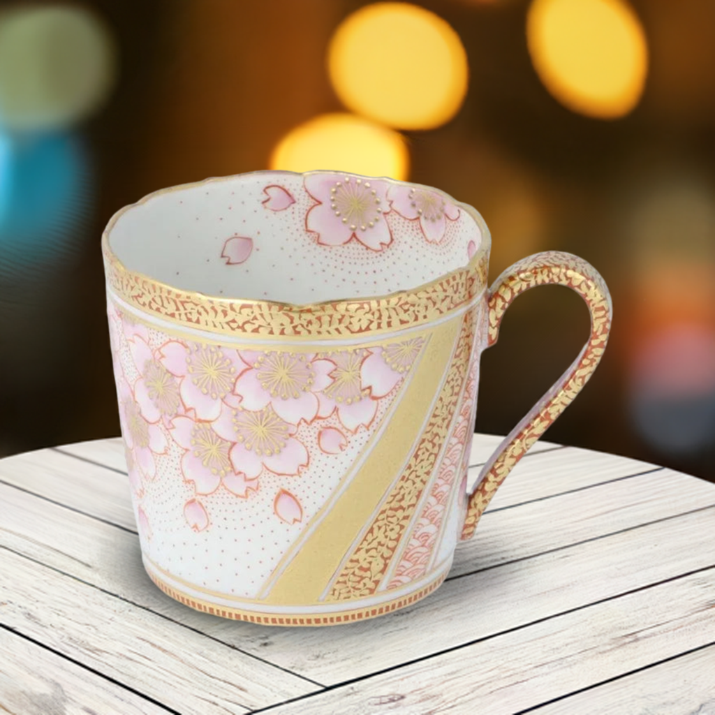KUTANI PORCELAIN MUG CUP - KINRANDE SAKURA MON MOTIF, JAPANESE CERAMIC ART
